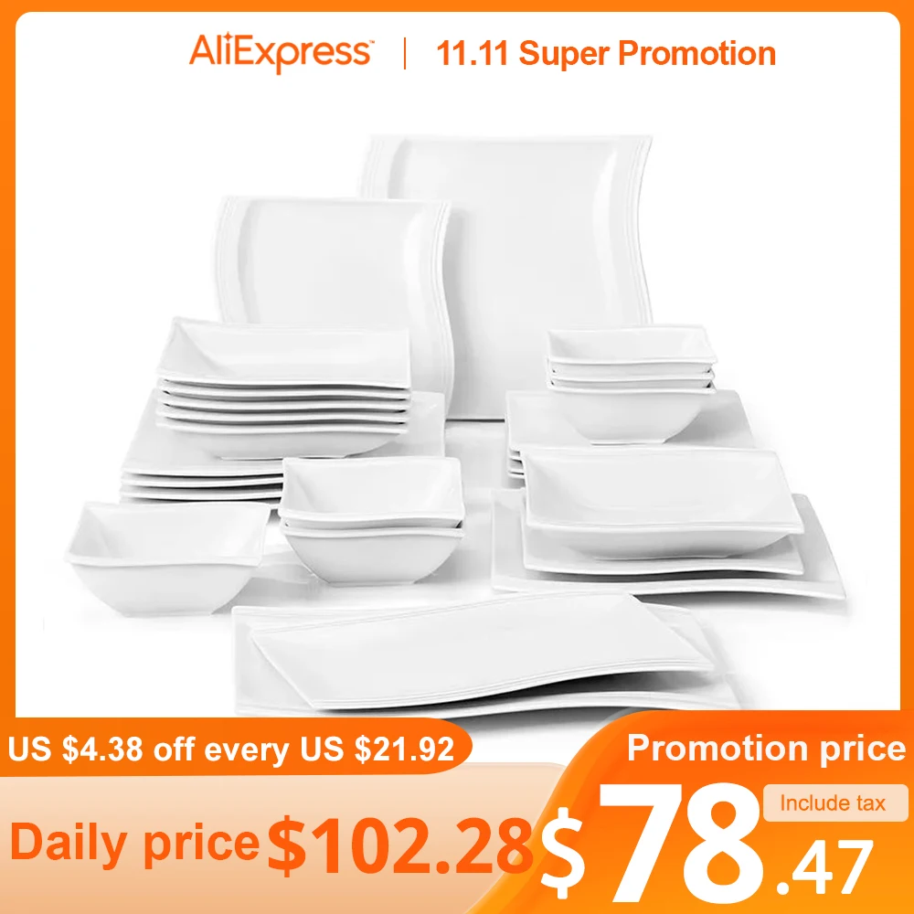 MALACASA, Series Blance, 2-Piece Porcelain Rectangular Plate Dinnerware  Set, Ivory White Dinner Set, (11,13.25)