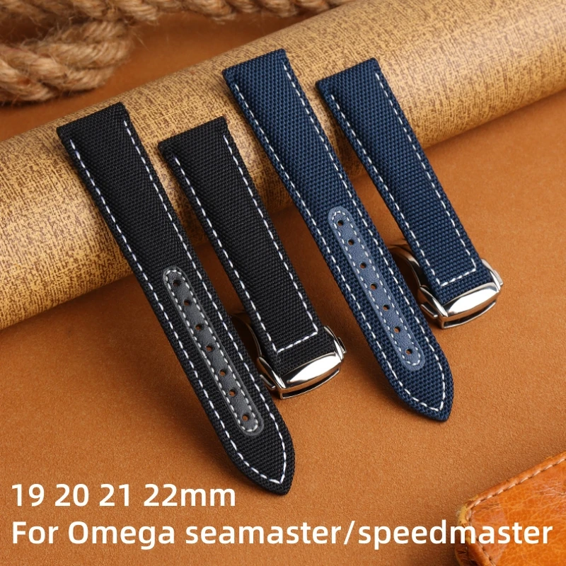 

High Quality Canvas Watchband Cow Leather Watch Strap for Omega Seamaster Speedmaster 300 310 AT150 19mm 20mm 21mm 22mm Bracelet