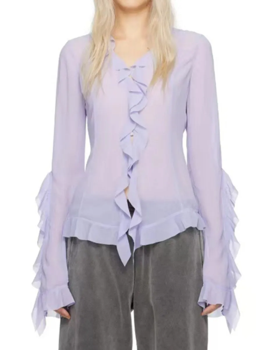 

traf 2024 spring and summer new women's fashion ruffle lace blouse micro see-through ladies top Women's clothing sales y2k