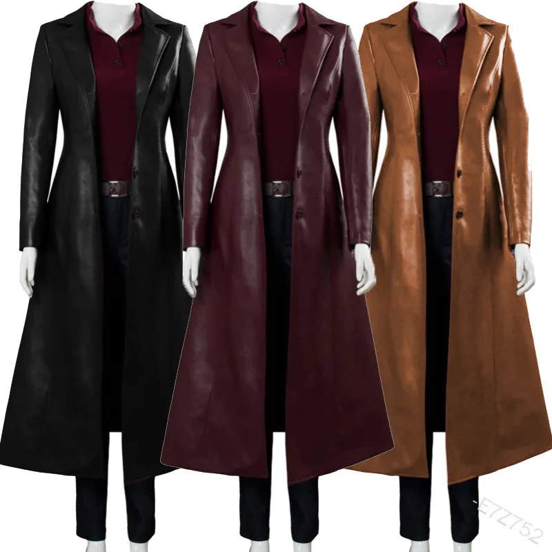 

Women Luxury Fashion Medieval Steampunk Gothic Long Leather Jackets Vintage Winter Outerwear Faux Leather Trench Coat