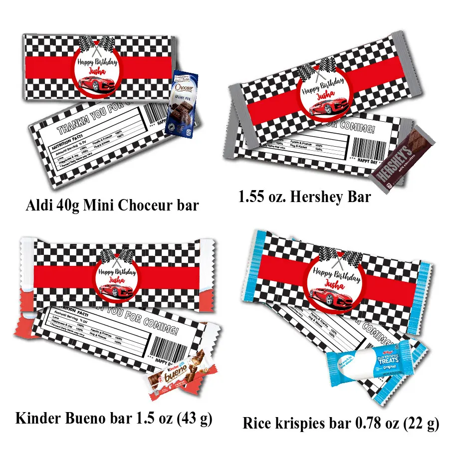 Tema Auto Da Corsa Personalizzata Hershey Kinder Bueno Mini Choceur Chocolate Bar Etichette Riso Krispies Bar Wrapper Sticker Party Favor Decor
