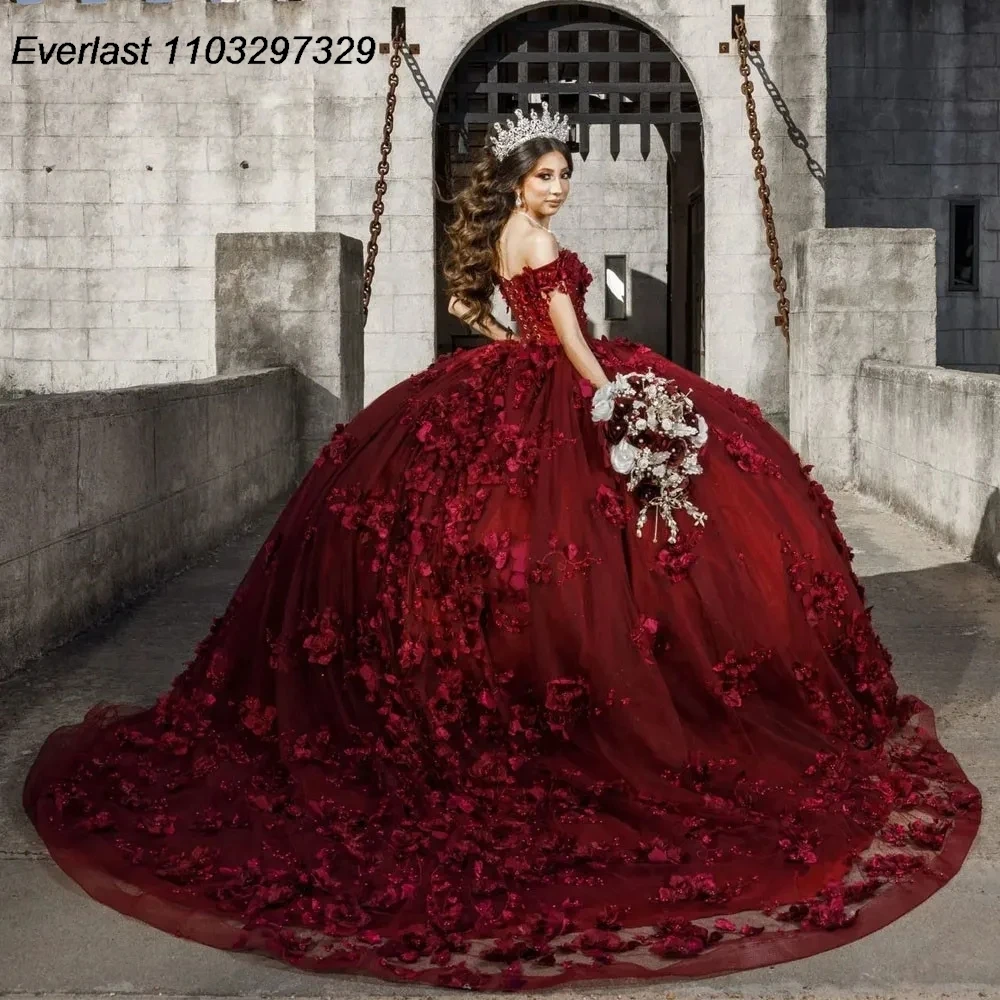 Quinceanera Dress Burgundy Ball Gown Floral Applique Beads Mexican Corset Sweet 16 Vestidos De 15 Anos TQD836