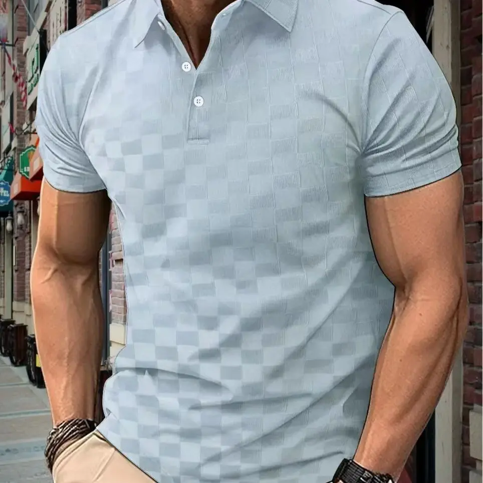 قميص بولو رجالي جاكار منقوش فضفاض ، قميص بولو رياض...