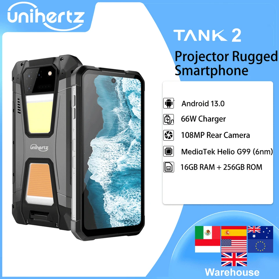 Unihertz 8849 tank 2 projector powered smartphone 22GB 256GB camping light  cellphones 108mp G99 64MP night vision mobile phones