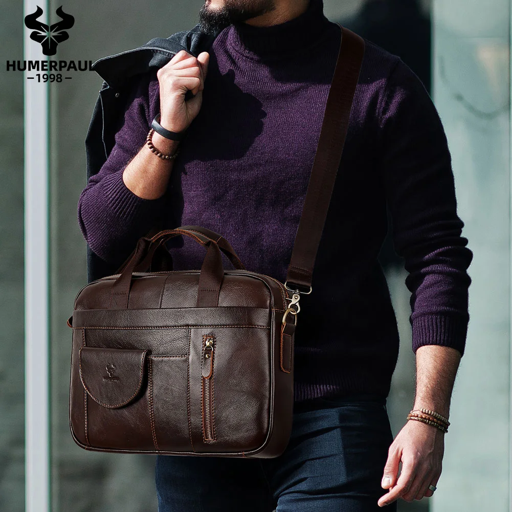 Leather Briefcase HUMERPAUL Men's Briefcase Bag Top Layer Leather Handcrafted Laptop Bag with Multiple Compartments Business Shoulder Messenger