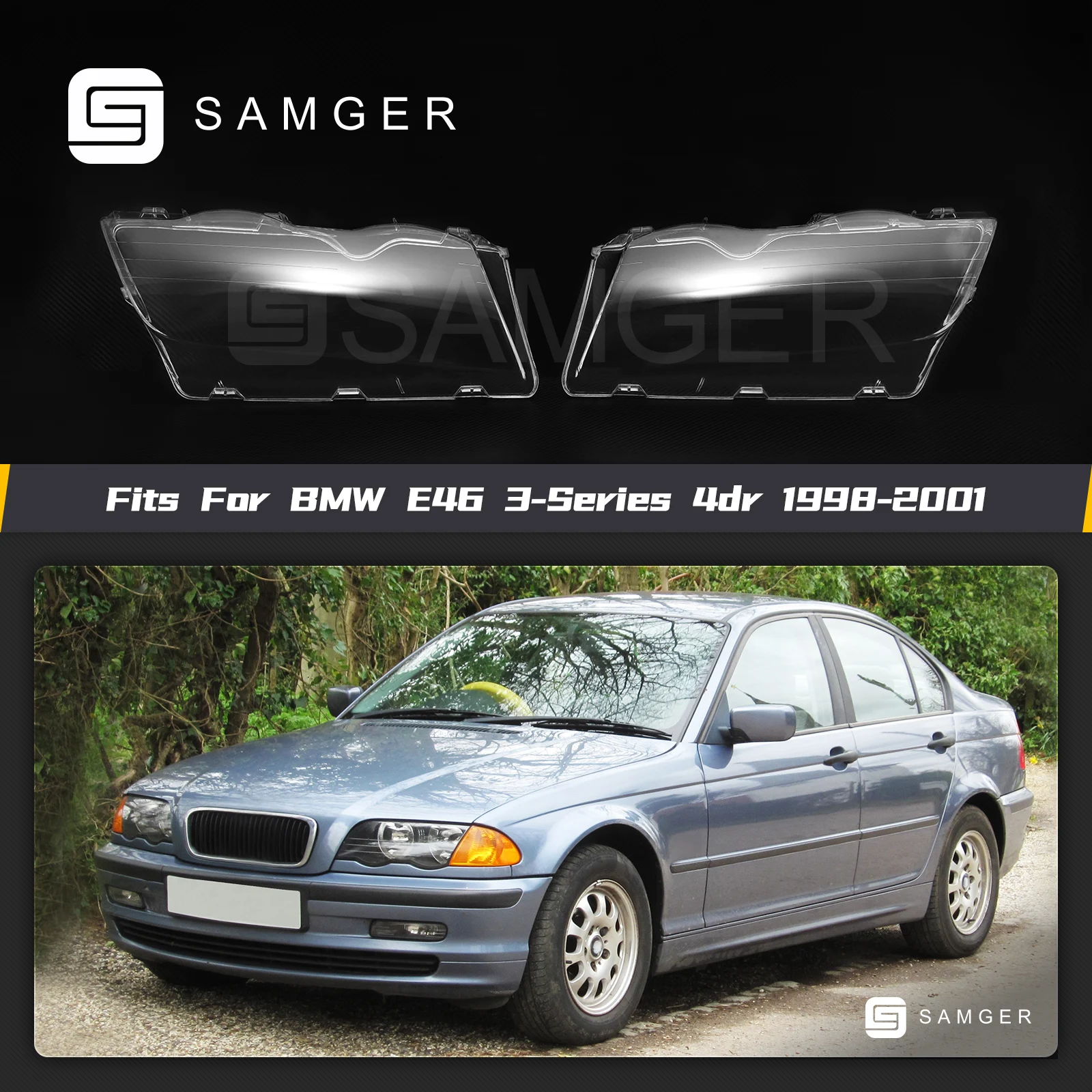 

Samger Car Front Headlight Lens Cover For BMW E46 4 Doors 1998-2002 318i 320i 323i 325i 330I Glass Auto Lampshade Transparent