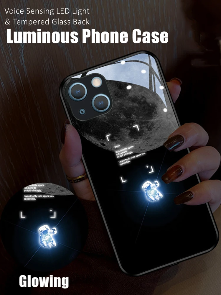 

Couples Mini Astronaut LED Light Glow Luminous Tempered Glass Phone Case for Xiaomi 11 12 13 Redmi K40 K50 K60 Pro Lite Ultra
