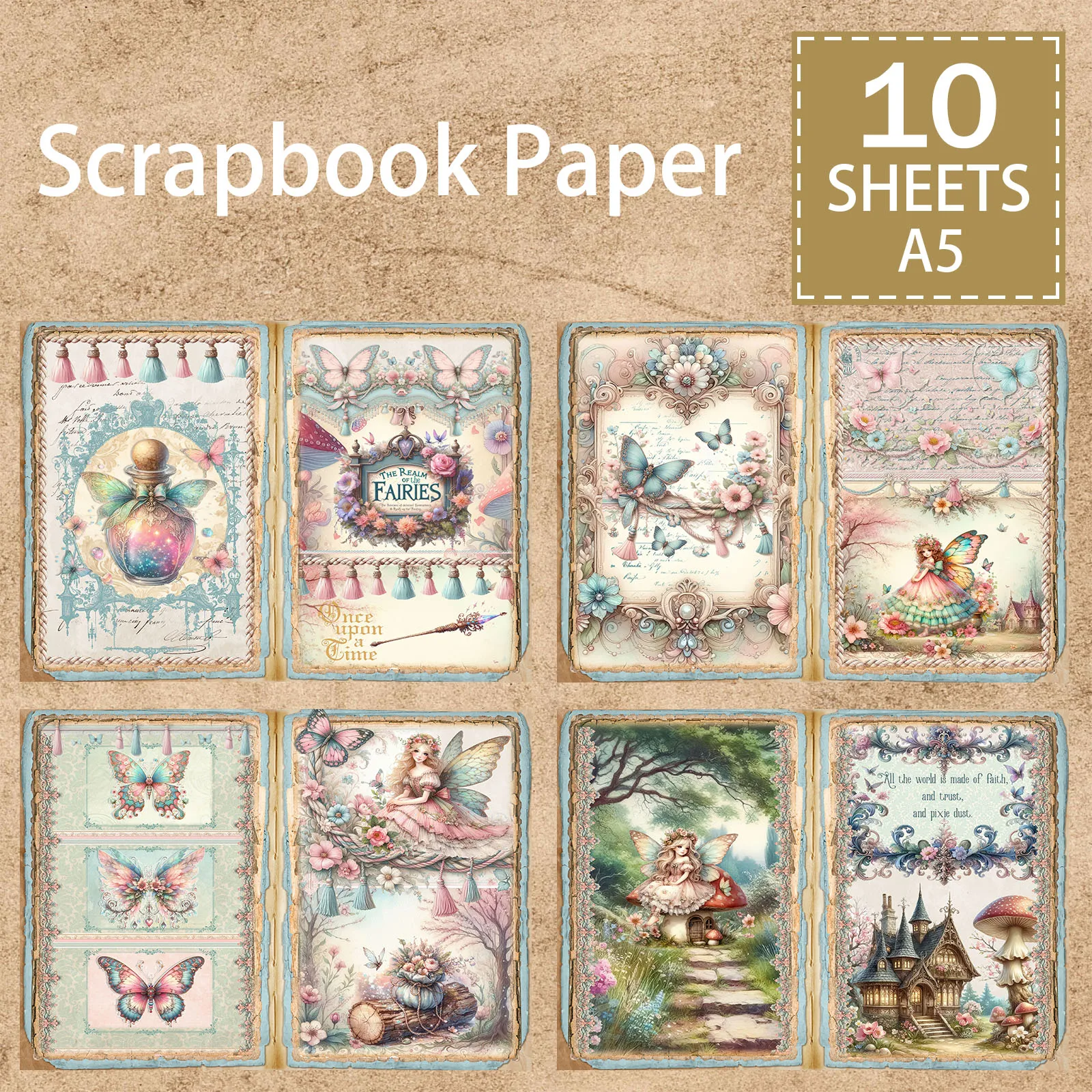 10 Sheets A5 Size Fairy Tale Butterfly Fairy Mushroom House Castle Background Vintage Grunge Journal Planning Scrapbooking scrapbook paper,scrapbooking material,scrapbook materials,scrapbooking paper