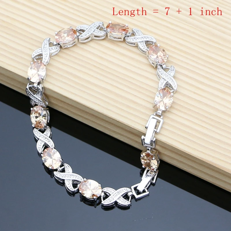 Women Silver 925 Jewelry Sets Champagne Toapz Long Earrings Bracelet Resizable Ring Necklace Sets Gift for Her