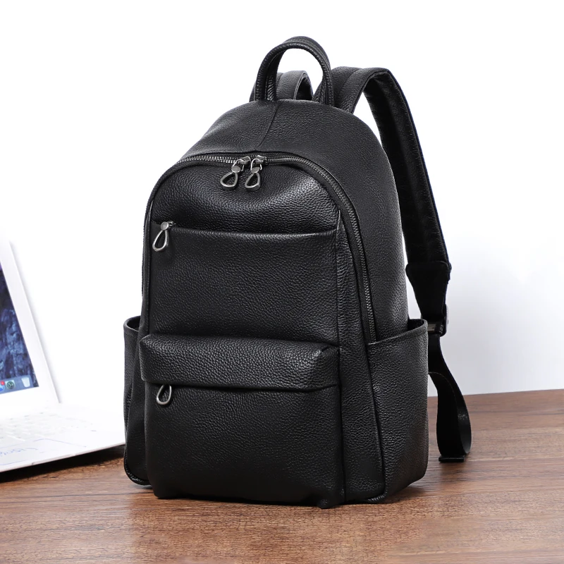 Fashion Multi Pockets Men Backpack Genuine Leather Black Laptop Bag Mochila Student Bookbag Boys School Bag Travel Rucksack Men