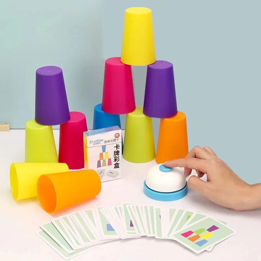 

Montessori Toys Stack Cup Game With Card Educational Intellectual Enlightenment Color Cognition Logic Training Kids Children