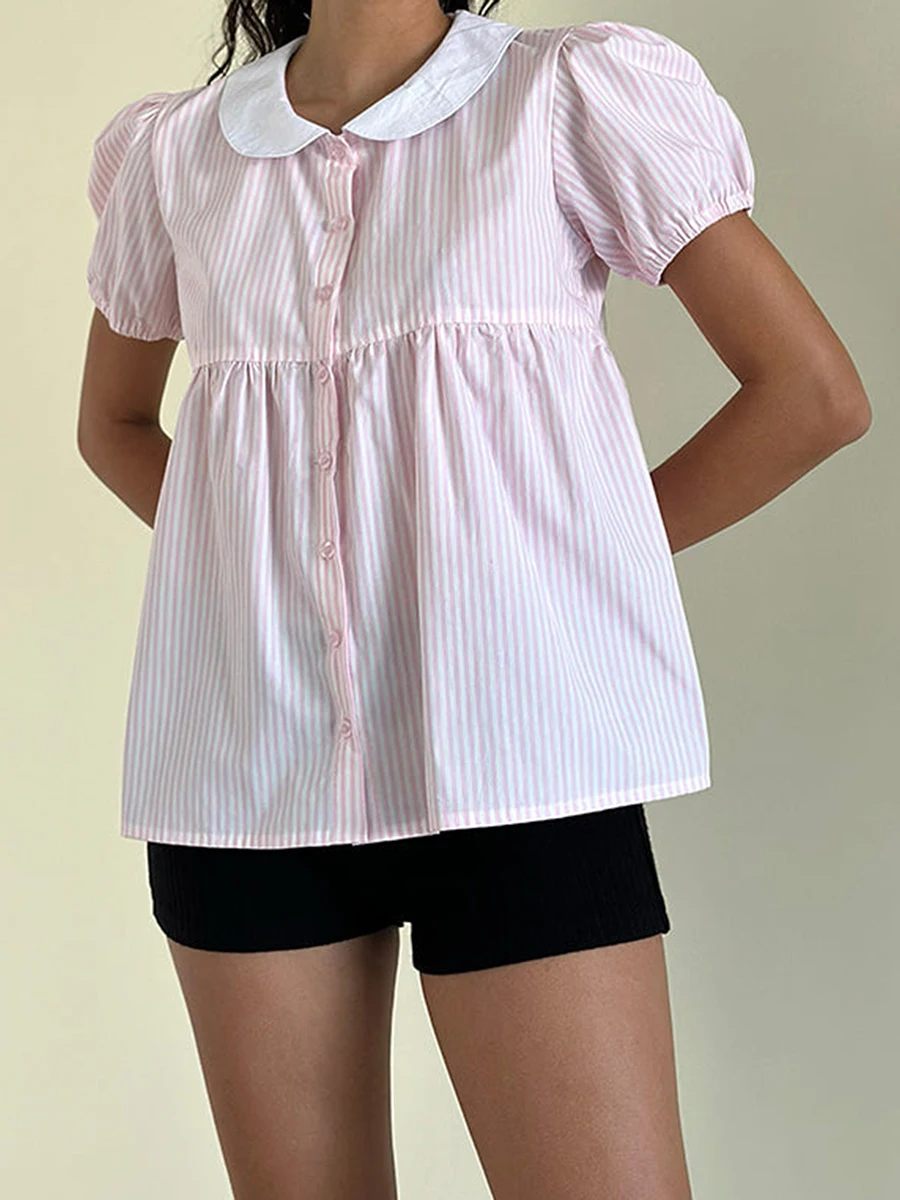 Women s Blouse Stylish Short Sleeve Peter Pan Collar Button-up Shirt with Chic Stripes for Trendy Summer Outfits