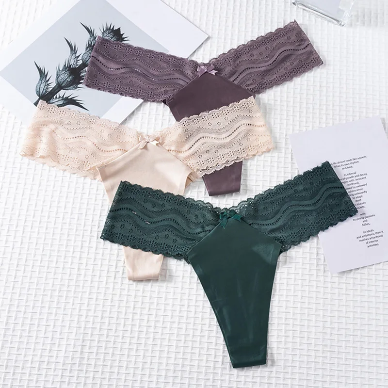 

Low-waist Sexy Seamless Thongs Thin Lace Trim Women's Panties Soft Breathable Yoga Sports G-string Skincare Cotton Crotch Briefs
