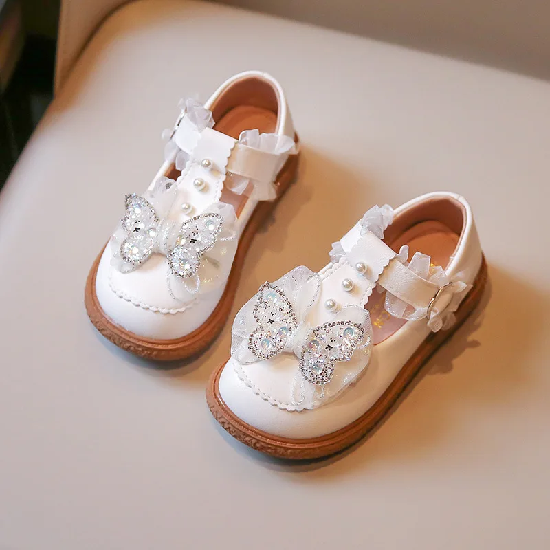 

Girls Shoes 2023 New Shiny Rhinestone Butterfly-knot Children Performance Princess Shoe Baby Soft Sole Kids Casual Flat Sneakers