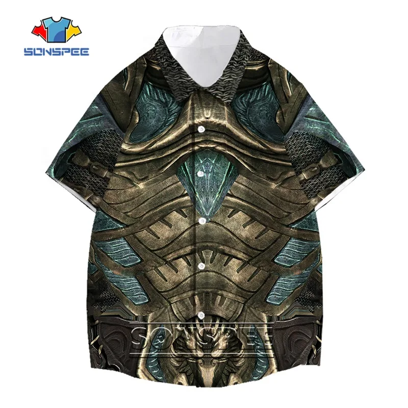 

SONSPEE Summer 3D Print Armor Military Shirt Darts Oversized Shirts Short Sleeve Shirts Plus Size Turn-down Collar Tops For Men