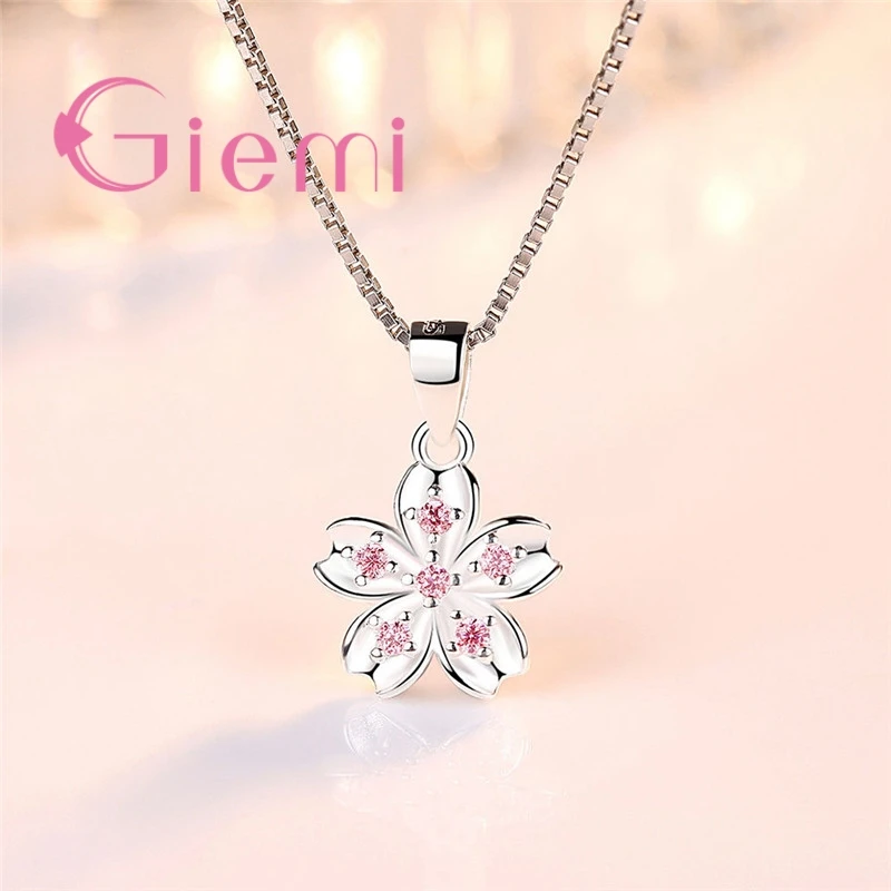 Cherry Blossoms Flowers Five Petals Design Pink Clear CZ 925 Sterling Silver Women Bridal Wedding Pendant Necklace pendant necklace silver necklace silver pendant