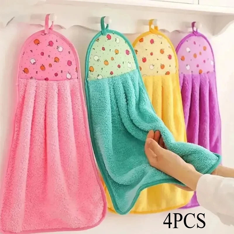4PCS Coral Velvet Towels Soft Hand Towel Set Absorbent Kitchen Bath Dish Cloths with Hanging Loop Bathroom Accessories