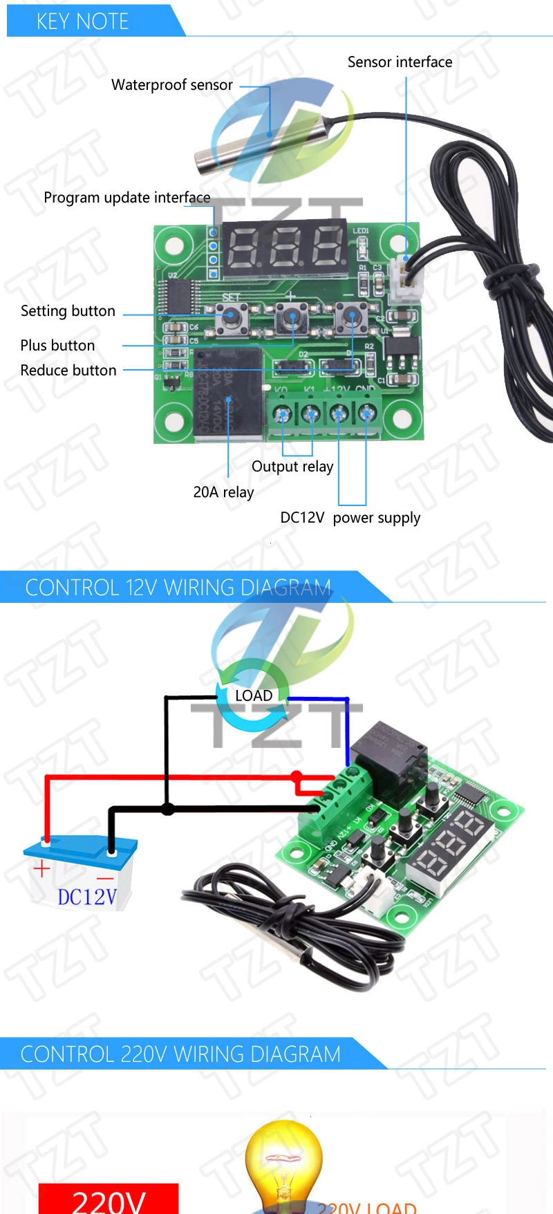 W1209 DC 12V hitze kühlen temp thermostat temperatur control schalter temperatur controller thermometer thermo controller + Fall – Detail 3