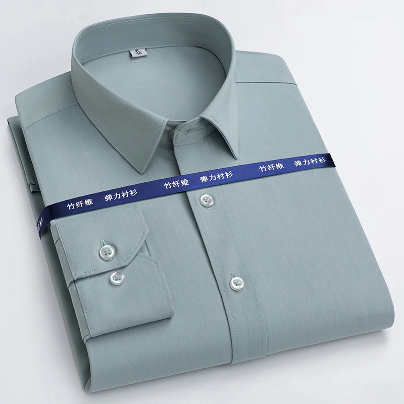 

Men’s Elegant Business Long Sleeve Shirts Solid Plain Bamboo Fiber Office Formal Dress Shirt Casual Standard Male Workwear Shirt