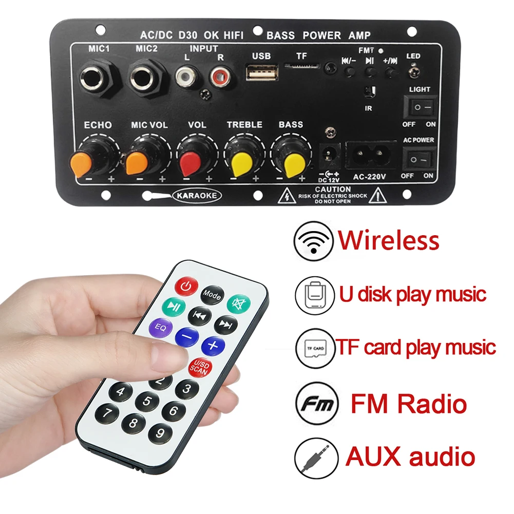 12V 220V Heavy Bass Sound Wireless Radio Module Karaoke Amplifier Subwoofer Bluetooth-Compatible Digital Stereo Amplifier Board