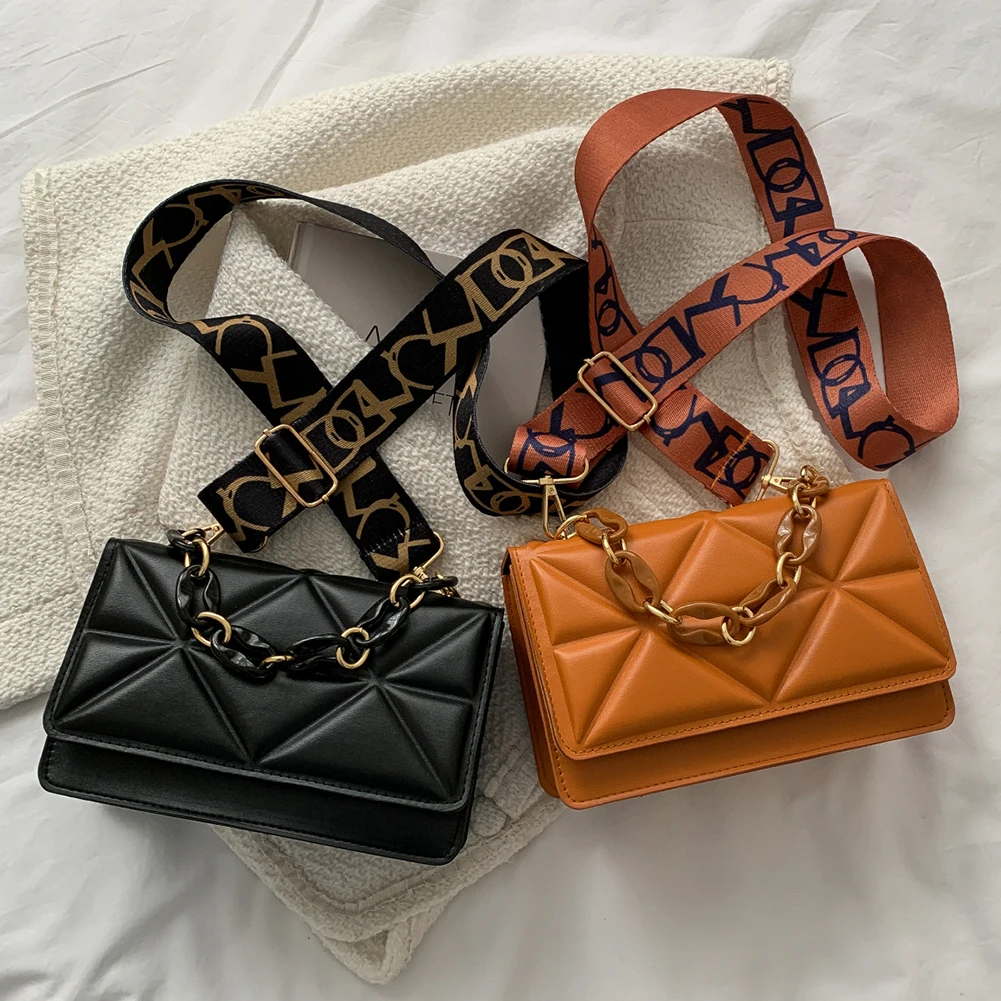 Fashion Chain Handbags Women Crossbody Bags Wide Strap Flap