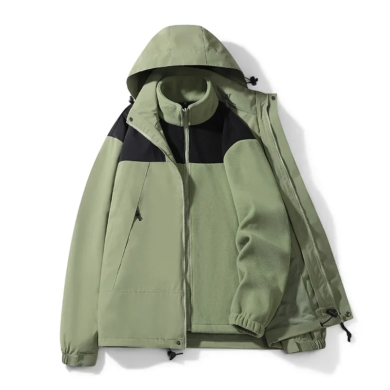 Harajuku Two-piece 3-in-1 Bomber Jacket Men Women Outdoor Waterproof Windproof Windbreaker Hooded Zipper Coat Military Outerwear