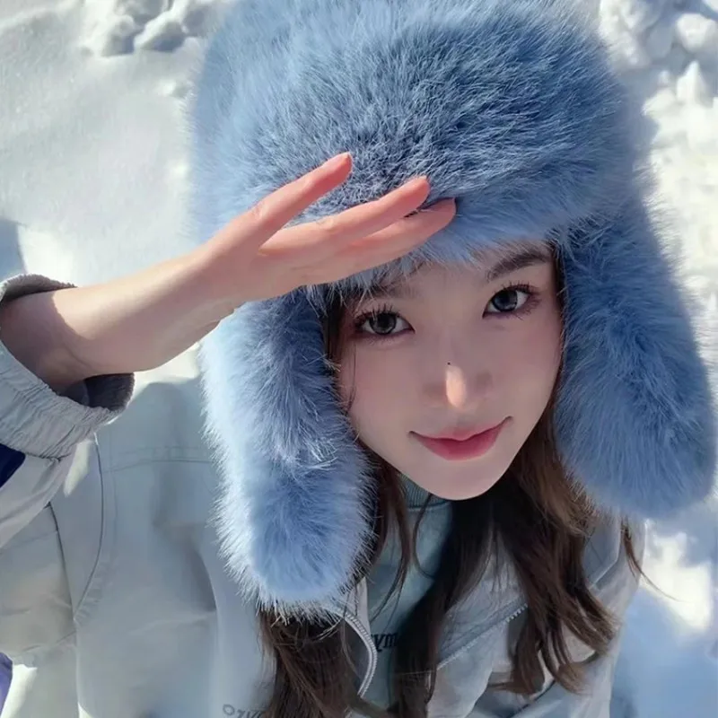 53-58cm Faux Fox Fur Earflap Beanie Hats For Women Winter