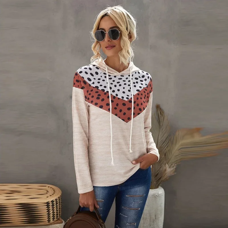 Spring Autumn Fashion Hooded Sweatshirt Apricot Pullover Casual Hoodies for Ladies Long Sleeve Tops Dot Print Patchwork Jumper