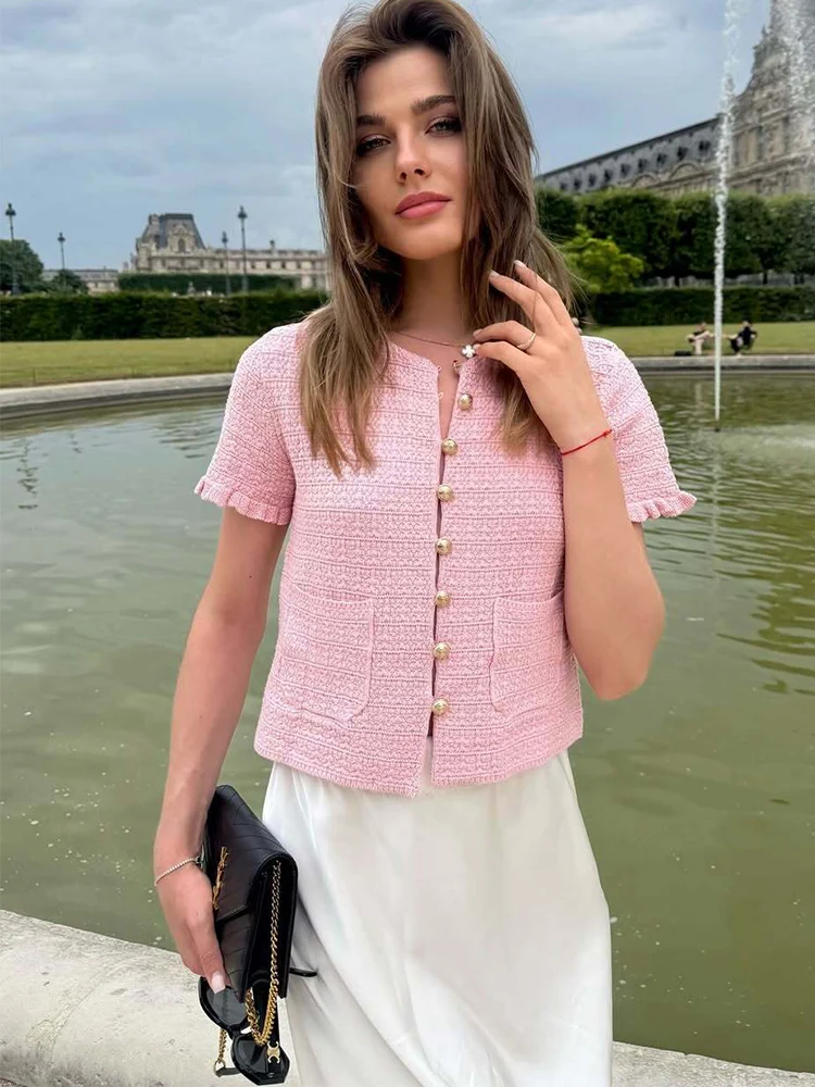 TFMLN Summer Women's Knit Sweater Casual Short Sleeve Metal Button Round Collar Lady Knitwear Tops Fashion Elegant Solid Coat