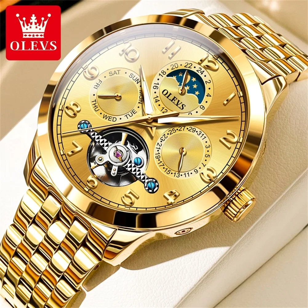 

OLEVS Automatic Mechanical Watch for Men Luxury Golden Stainless Steel Men's Watches Luminous Moon Phase Chronograph Wristwatch