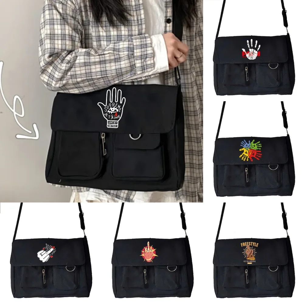 

Women's Bag Shoulder Crossbody Bag Casual Hand Pattern Series 2024 Canvas Korean Female Students School Bag Handbags
