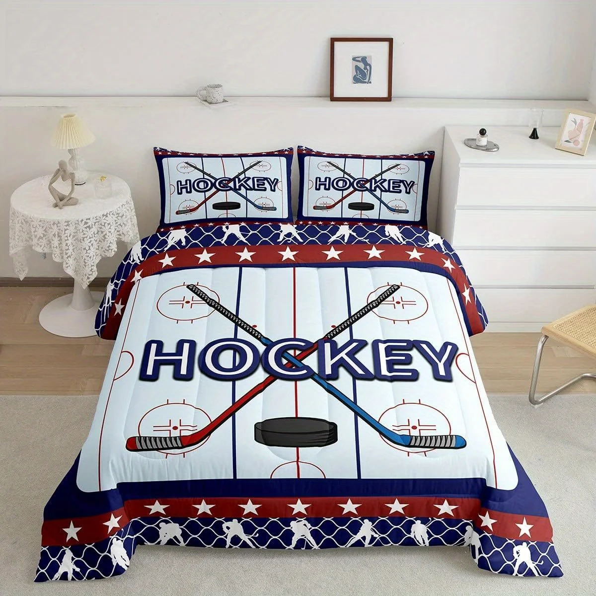 2/3Pcs Ice Hockey Player Comforter Set, Hockey Pucks Field Quilted Bedding with Pillowcases, Twin Full Queen Size for Christmas