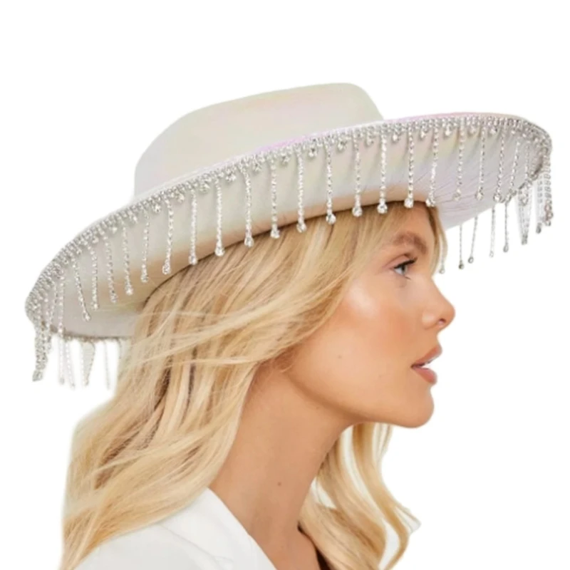 Tassel Cowgirl Hat Rhinestones Tassel Hat Bride Fedora Tassel Cowboys