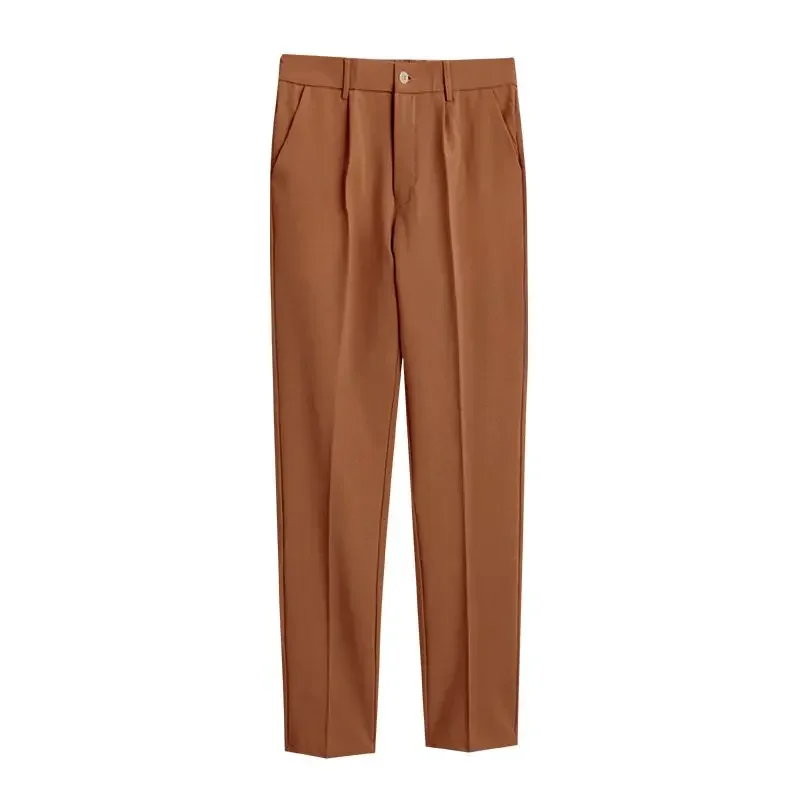 thumbnail image 1 of Pantalones de traje para hombre color caqui, pantalones ajustados con diseño trenzado para hombre, ropa marrón de primavera, sastrería, licra, vestido, clásico, novedad en el diseñador, 1 of 5