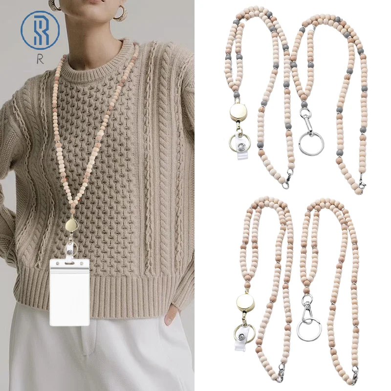 여성용 접이식 나무 구슬 배지 거치대, 보호 끈, ID 배지, 크리스마스 교사 랜야드 크루즈 랜야드 선물