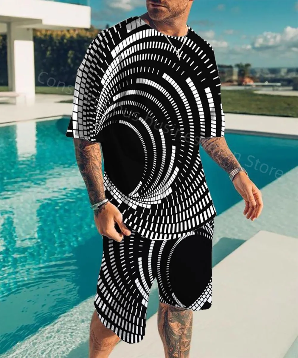 New T Shirt Sets Men Suit Summer Beach Shorts pants Set Man's clothing Trend Personality Tracksuit Men Street Funny Vertigo suit men t shirt set 3d print geometric patterns men s clothes outfits casual beach shorts suit street popular tracksuit 2 piece sets