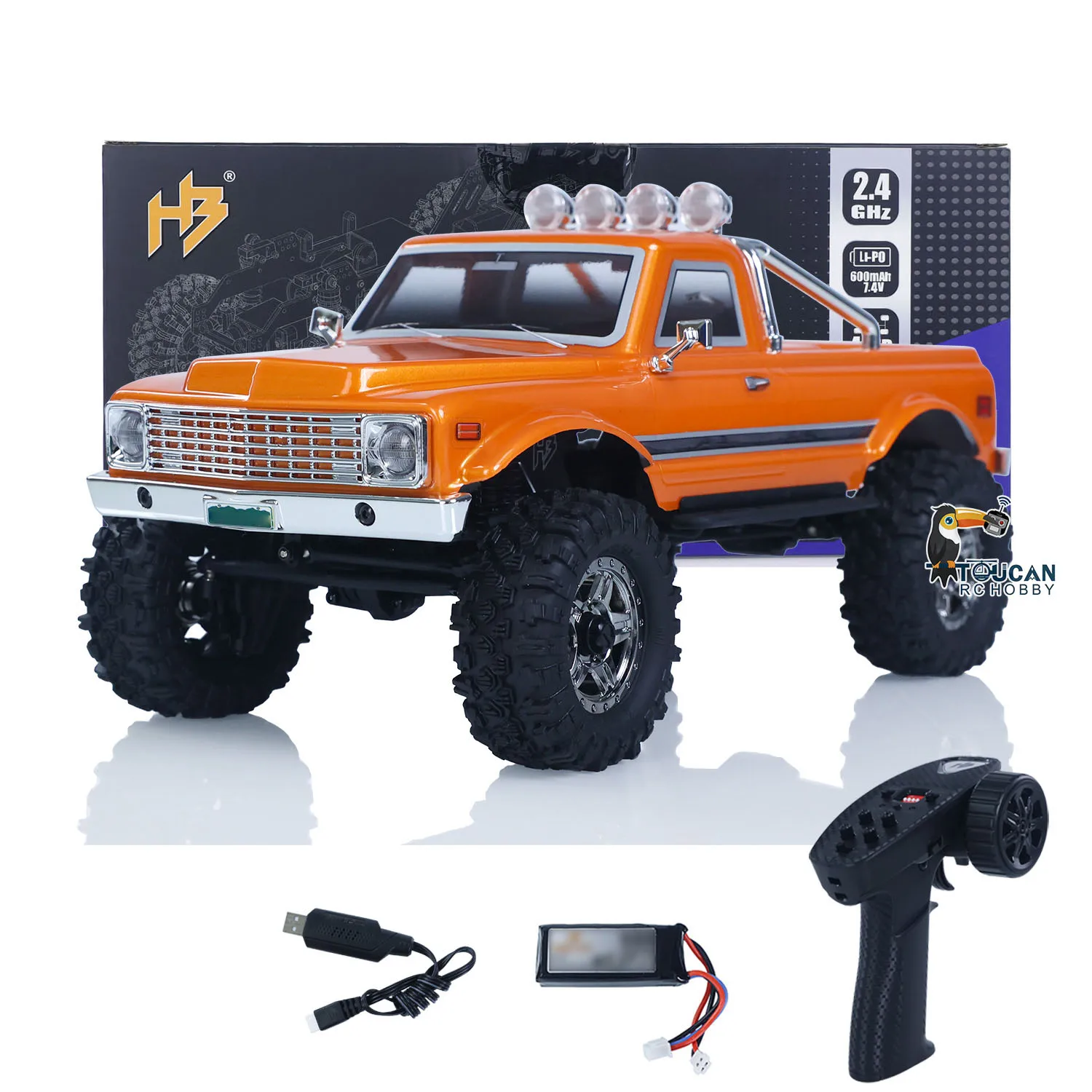 Détail du châssis du Hobby Plus CR18P Convoy EVO V2 orange avec ses deux vitesses et ses amortisseurs