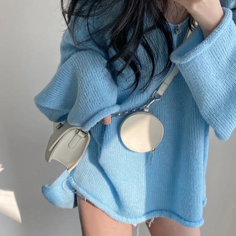 2025 Autumn Loose Women Knitted Tops Winter Y2K Sweater Elegant Casual Solid Knitwear Fashion New Blue Pullover Clothing