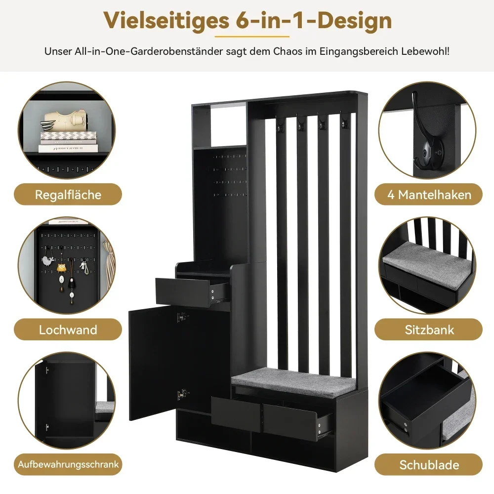 Kleidungsset mit Bank, multifunktionale Aufbewahrungsbank, offener Stauraum, 6 goldene Haken und Füße, geeignet für Flur, Wohnzimmer, Schwarz – Detail 33