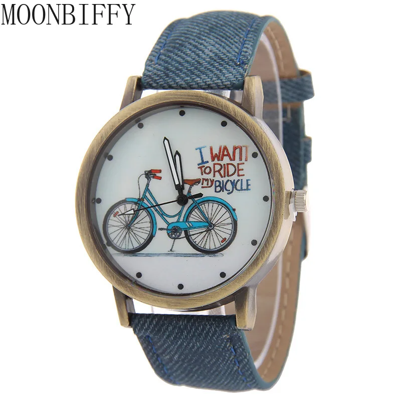 New Fashion Bicycle Women Watch Jean Fabric Leather Strap Dress Ladies Casual Quartz Watches Relogio Feminino