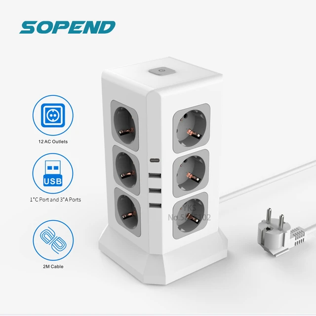 Sopend – multiprise multiprise Usb type-c ue, 12 prises, tour verticale,  rallonge de 2m, protection contre