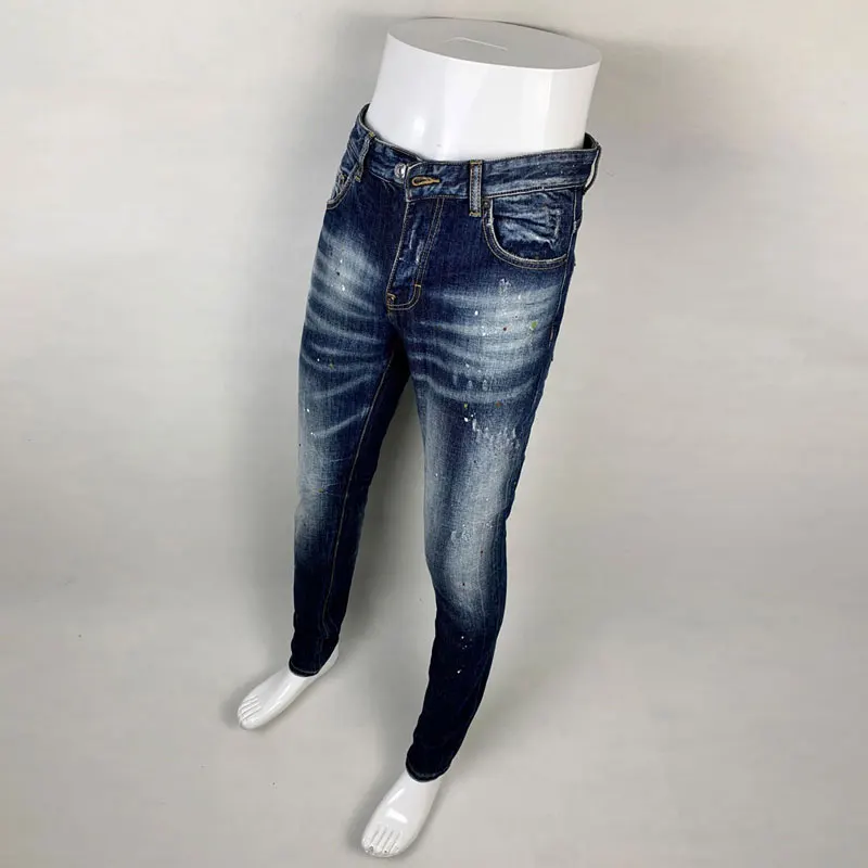Street Fashion Men Jeans High Quality Retro Blue Stretch Slim Fit Vintage Ripped Jeans Men Painted Designer Hip Hop Brand Pants