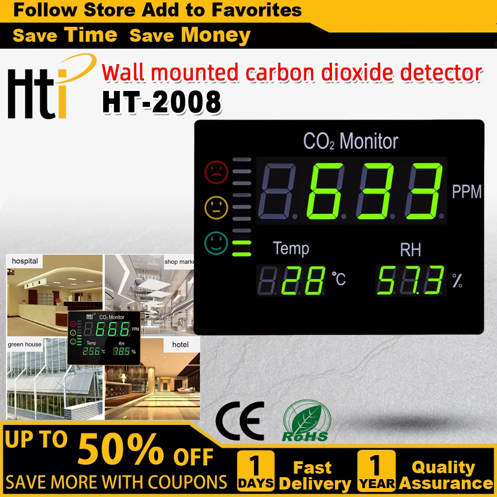 

HTI HT-2008 Wall Mount Multifunctional CO2 & Temperature Humidity Monitor/meter/measurer/clock CO2 Meter