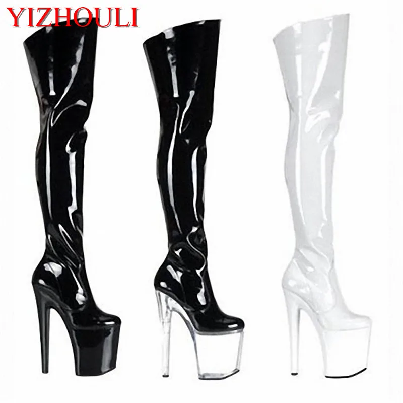 

20cm Ultra High Heels Boots Barreled Platform Japanned Leather 6 Inch Performance Shoes Plus Size Thigh High dance shoes