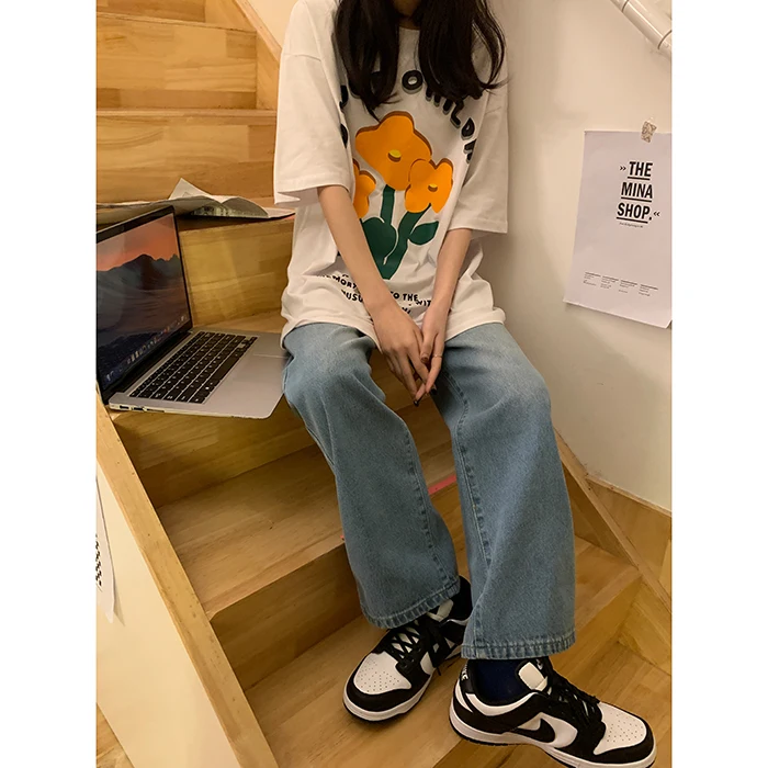 Vintage Baggy Blue Women's Jeans Straight Loose High Waist Trousers Flower Printing Streetwear Fashion Mom Denim Wide Leg Pants armani jeans