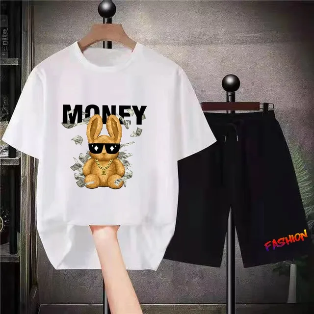 

Mens Fashion Cotton T-Shirt Sets Money Bear Rabbit Print Short Sleeve Tracksuits Streetwears Summer Unisex Graphic Shorts Suits