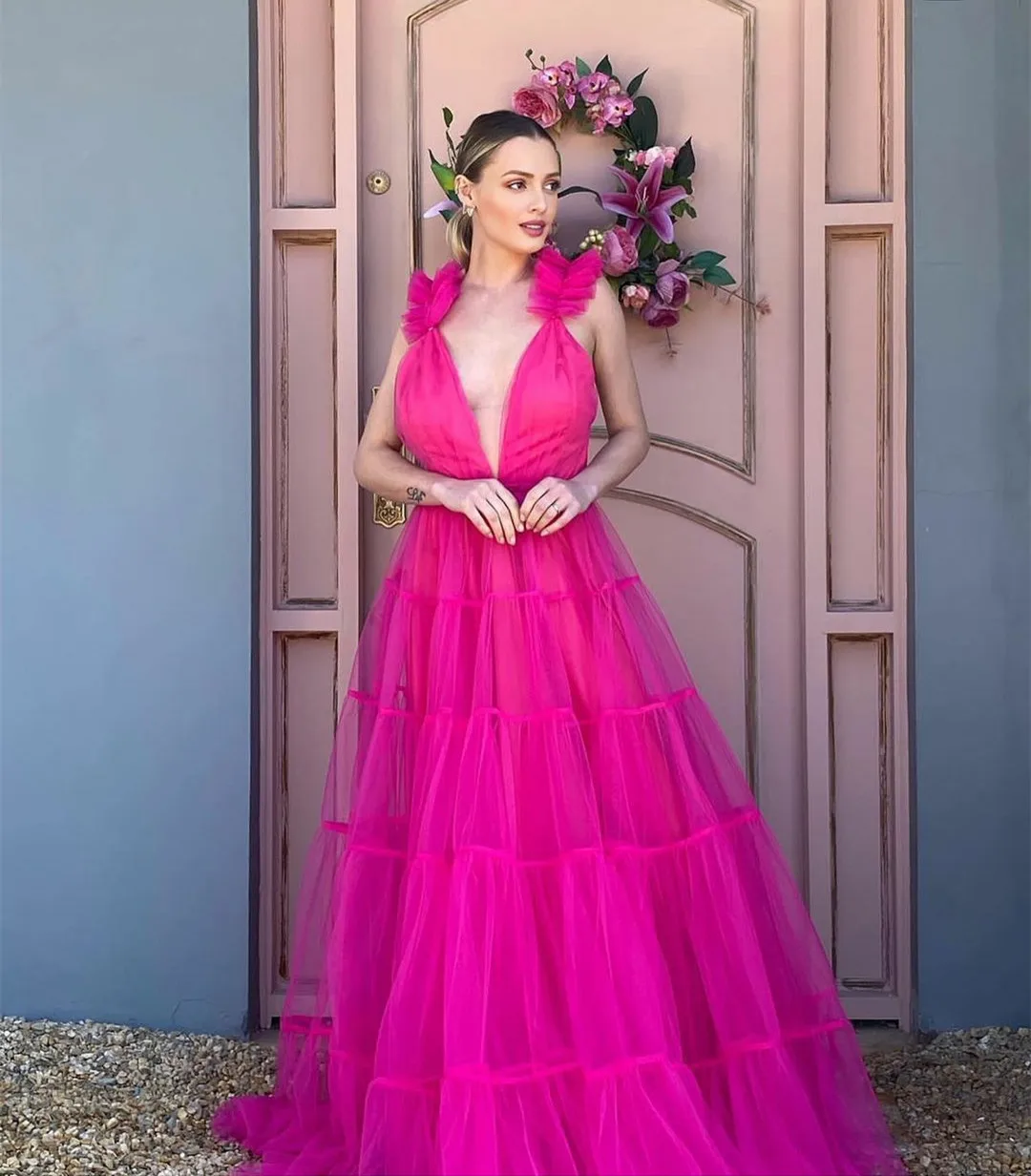 

Sexy Long V-Neck Tulle Evening Dresses A-Line Backless Small Train Vestidos de noite Prom Formal Dress for Women