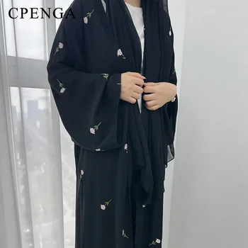 2024 Flower Embroidery Muslim Modest Cardigan for Women Eid Dubai Kimono Aabaya Dress Luxury Islam Saudi Turkey Plain Clothing 1