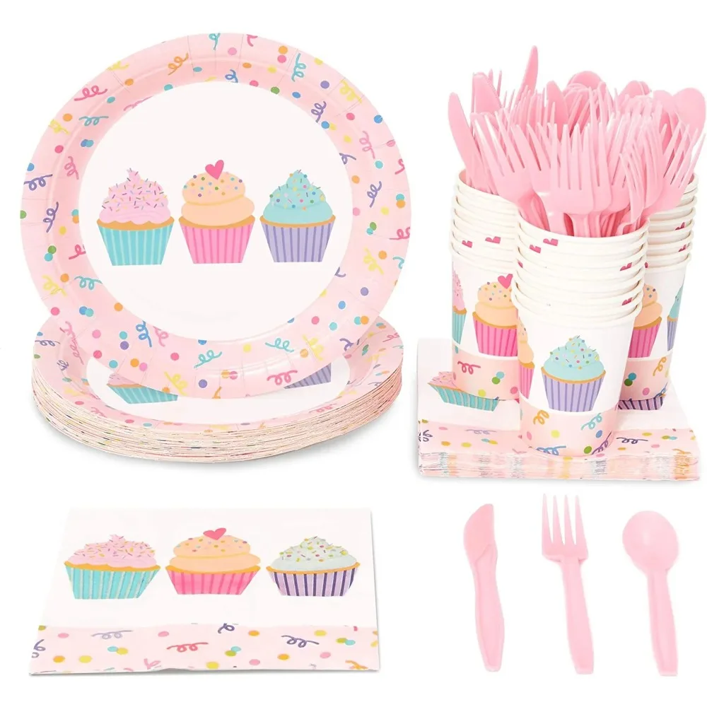 

144 Piece Tableware Set (for 24 people) Cupcake Party Supplies, Paper Plates, Napkins, Cups and Plastic For Birthdays, Parties