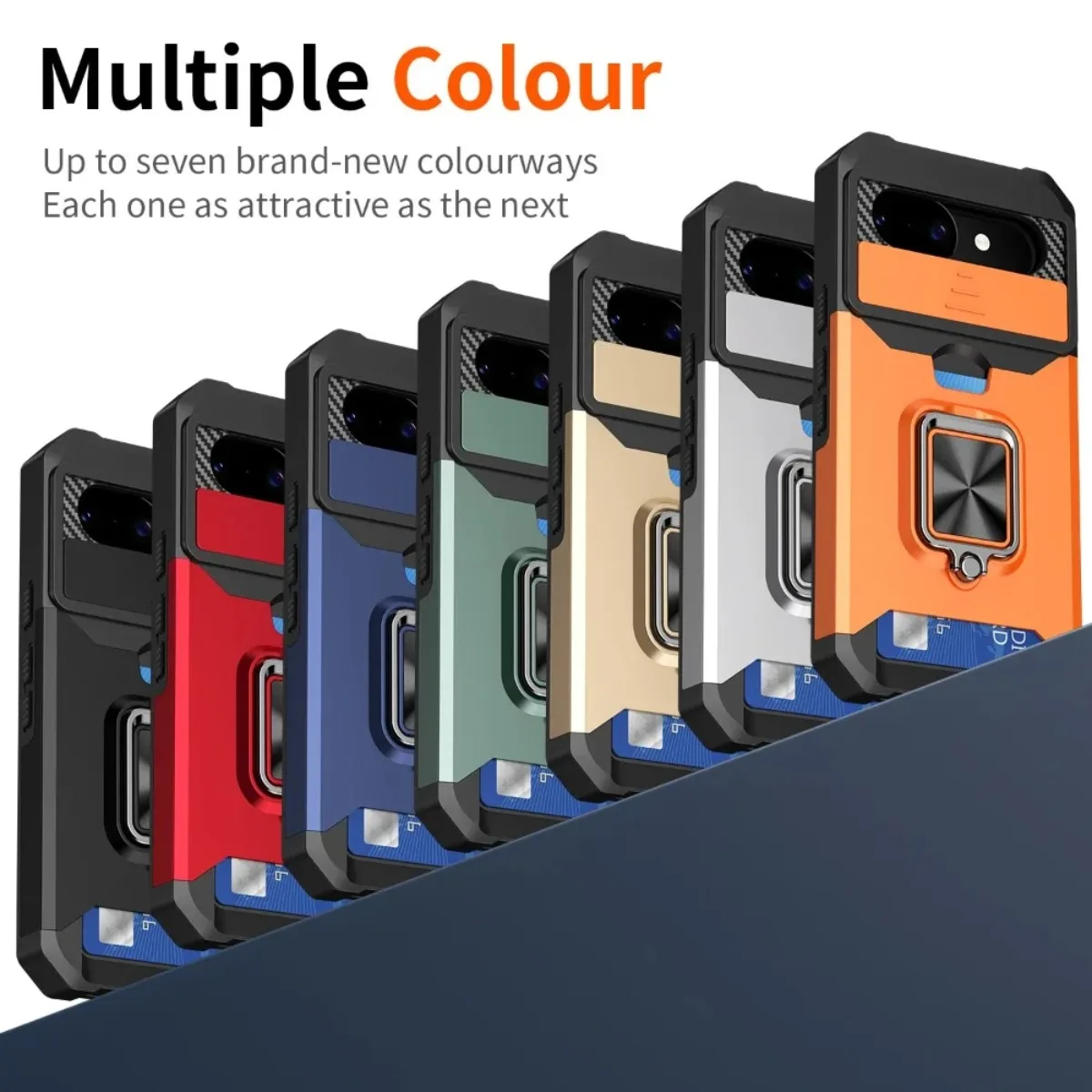 Card Slot Ring Holder Kickstand Armor Phone Case with Slide Camera Cover